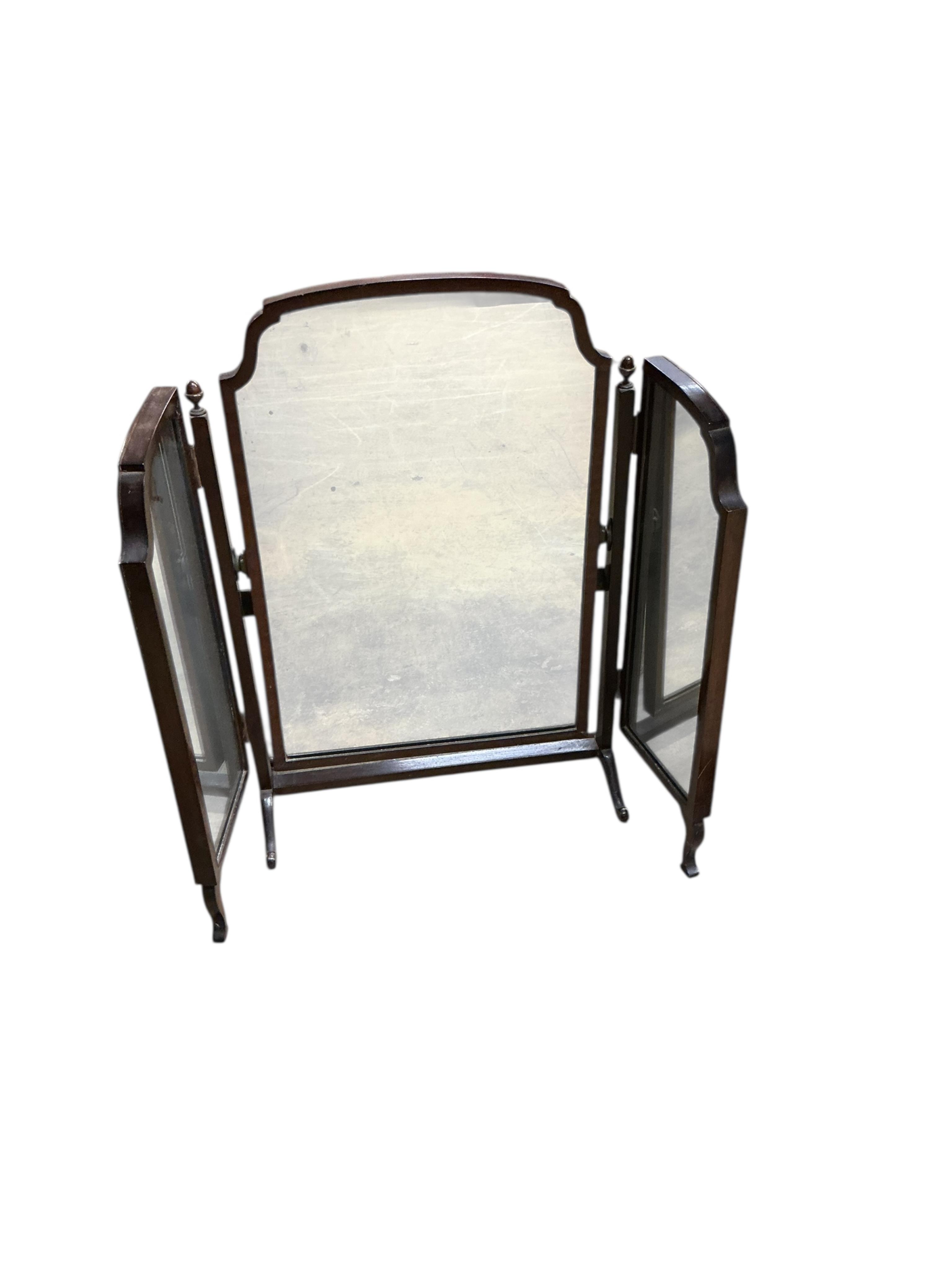 A Regency rosewood work table, width 58cm, depth 38cm, height 71cm together with a later walnut work table and a triple dressing table mirror